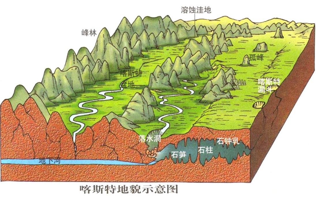 接下来在外力的溶蚀作用下,石灰岩开始被溶解侵蚀,逐步形成溶洞,暗河