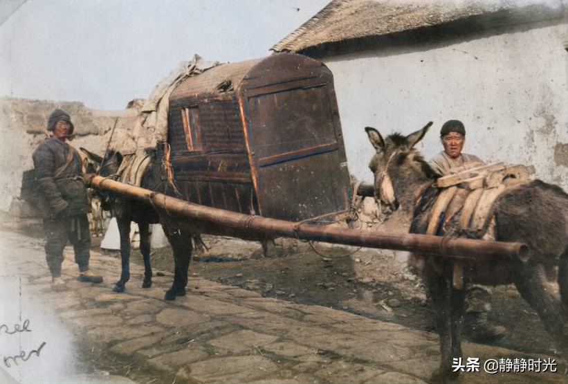 晚清老照片：骡子抬轿子，囚犯蹲木笼奄奄一息，衙役光脚扛鸟枪